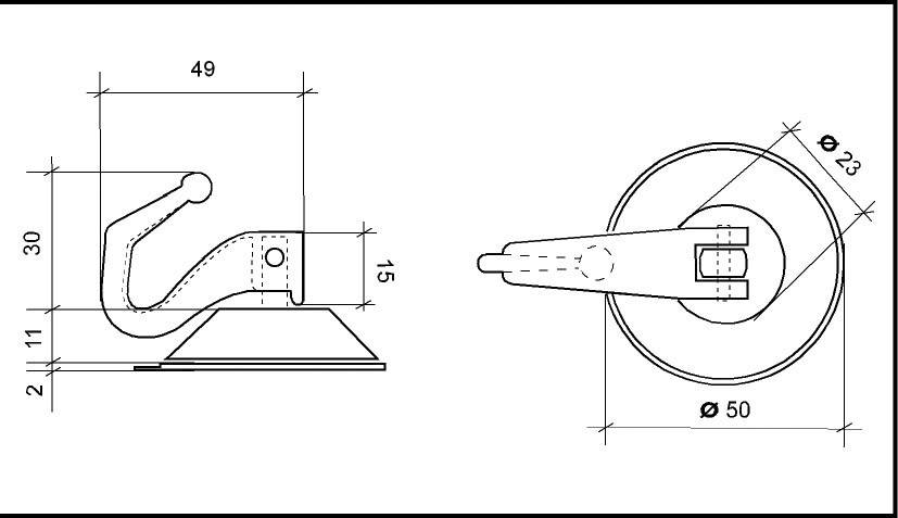 Technical drawing of a suction cup hook with dimensional specifications. Side view shows height and width, top view shows diameter.
