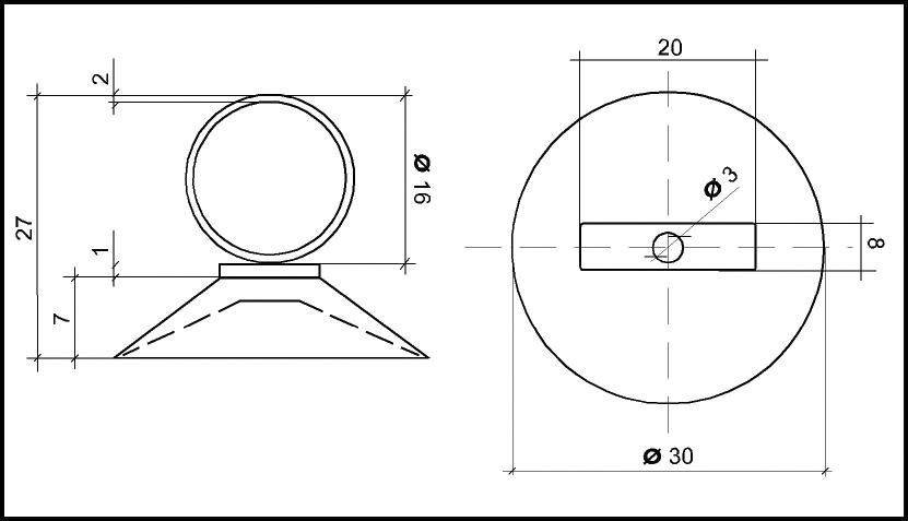 Technical drawing of a round component on a truncated cone, with dimensions in millimetres: height 27, circular diameter 16, base diameter 30.