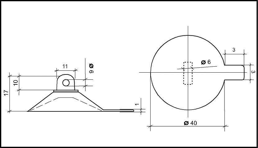 Technical drawing of a metal part with side and top view. Dimensions are specified in millimetres.