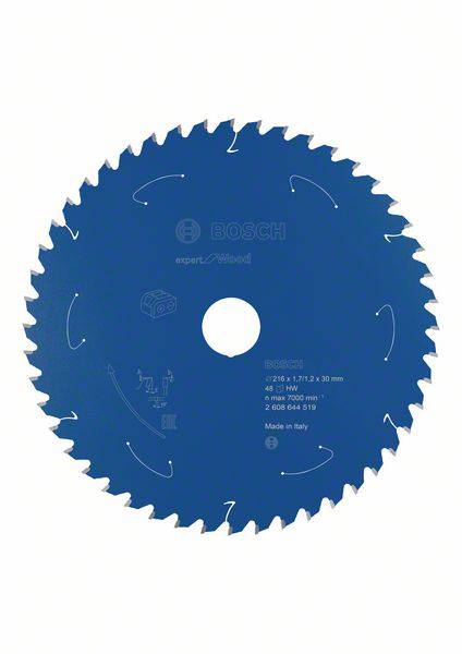 'Bosch Circular Saw Blade for Wood, blue steel with sharp teeth, 216 mm diameter, for precise cuts at high rotational speed.'