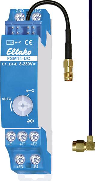 A blue Eltako FSM14-UC device shows connections and a rotary dial for adjustment. A cable ends with a golden plug.