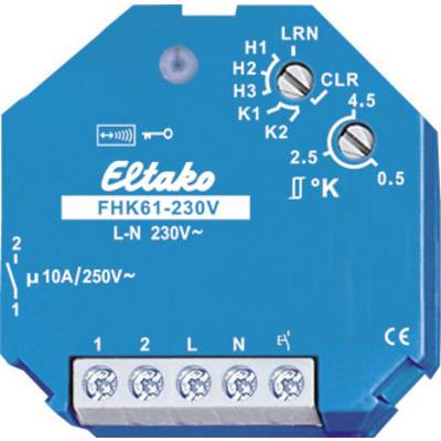 Blue Eltako FHK61-230V wireless switch with multiple connections and two adjustment buttons, marked as K1/K2 and with °C grading.