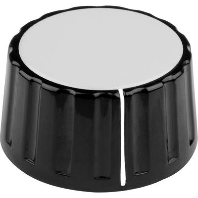 A black rotary knob with a white marker on the top surface, used for volume control or adjusting settings on devices.