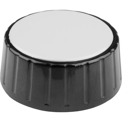Black plastic lid with a ridged edge and a smooth, white upper surface.