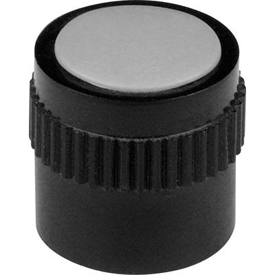 Black rotary knob with a knurled edge and a smooth, silver-coloured top surface, suitable for electronic devices.