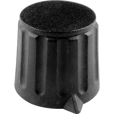 A black, ribbed rotary knob with a small pointer at the base points downwards. The knob has a matte surface.