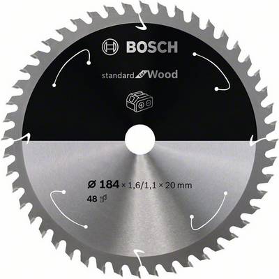 Bosch circular saw blade for wood, 184 mm diameter, 48 teeth, suitable for precise cuts in wooden materials.