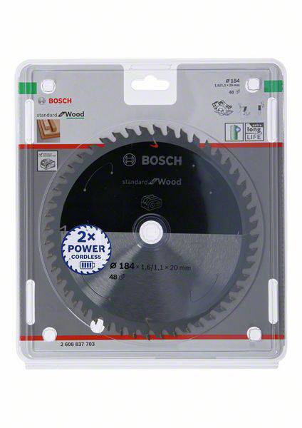 'Saw blade in blister pack, Bosch brand, for wood, 184 mm diameter, 48 teeth, compatible with cordless saws, robust and long-lasting'