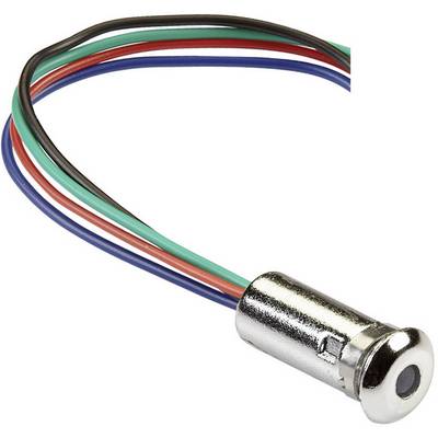 Metal connection with four coloured wires (black, red, green, blue), most likely for electrical or electronic applications.