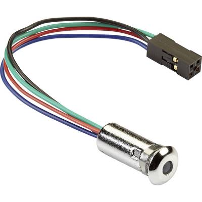 Silver metal button with five coloured cables (black, white, red, blue, green) and black connector at the end.