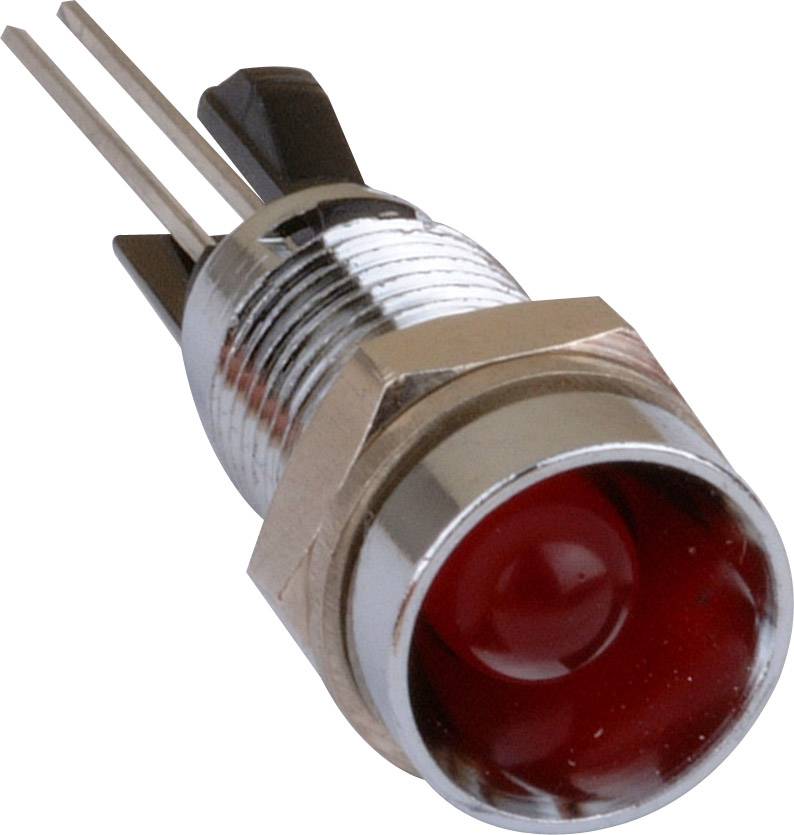 A round, red LED indicator light with two metal strips as connectors, mounted in a metal housing.