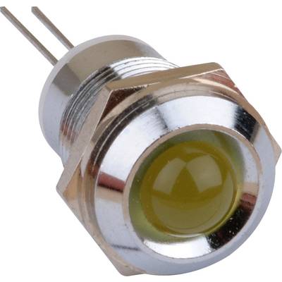 A round LED switch with a metallic casing and yellow illumination element, suitable for electronic device operation.