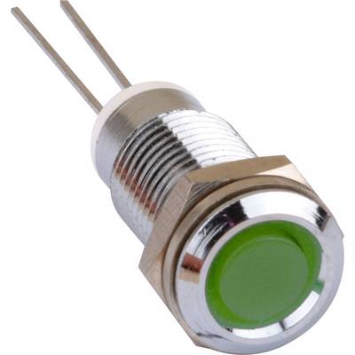 Green metal LED push button switch with two terminals, side view. Suitable for electronic applications and controls.
