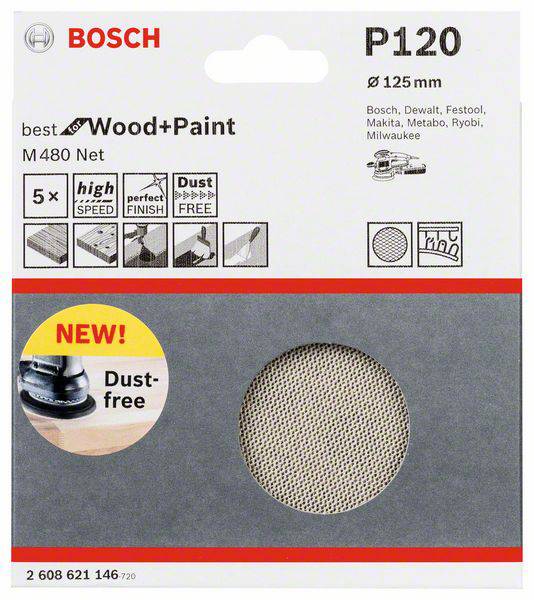 Bosch Sandpaper P120, 125mm. Suitable for wood and paint. Dust-free, high speed, perfect finish. Compatible with various brands.