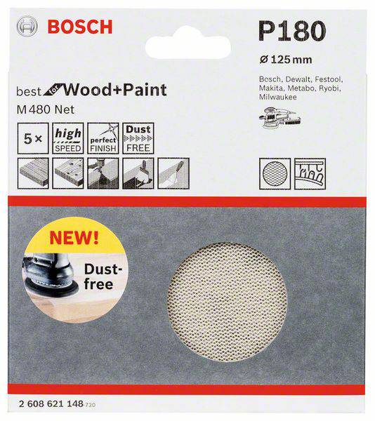 'Bosch P180 Sandpaper, 125 mm, for Wood and Paint. Suitable for Bosch, DeWalt, Festool, Makita, Metabo, Ryobi, Milwaukee.'