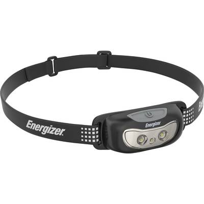 A black head torch with an elastic band and two LED lights, marked with 'Energizer'.