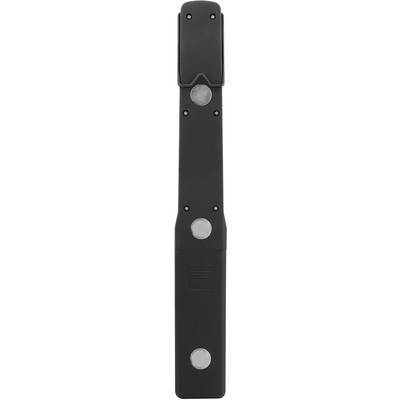 A black, elongated device with several silver buttons. It appears to be portable and could serve technological purposes.