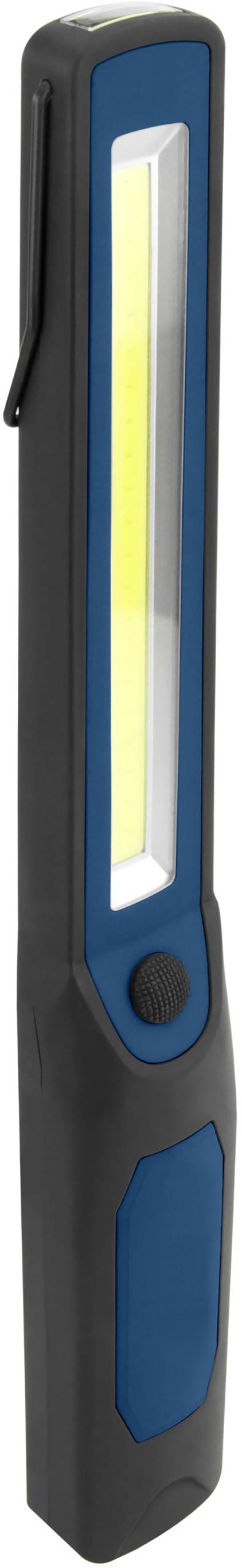 A portable, elongated torch with an elongated beam and a blue casing. Suitable for mobile use.