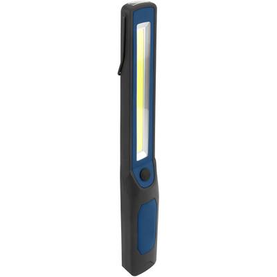 A portable, elongated torch with an elongated beam and a blue casing. Suitable for mobile use.