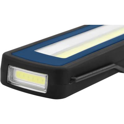 Close-up of a black torch with a blue accent and LED light panels on both sides.