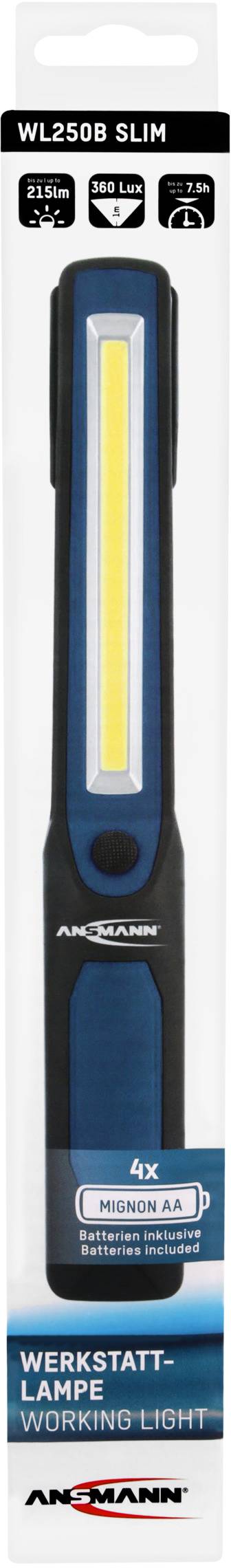 A slim, rechargeable workshop lamp by Ansmann, model WL250B Slim, in black and blue, ideal for precision work.