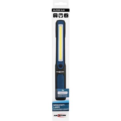 A slim, rechargeable workshop lamp by Ansmann, model WL250B Slim, in black and blue, ideal for precision work.
