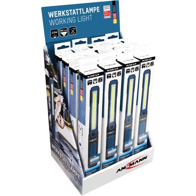 A display with multiple Ansmann WL250B Slim workshop lamps, each providing 215 lumens and with a 5-hour operating time, set up in a retail shop.
