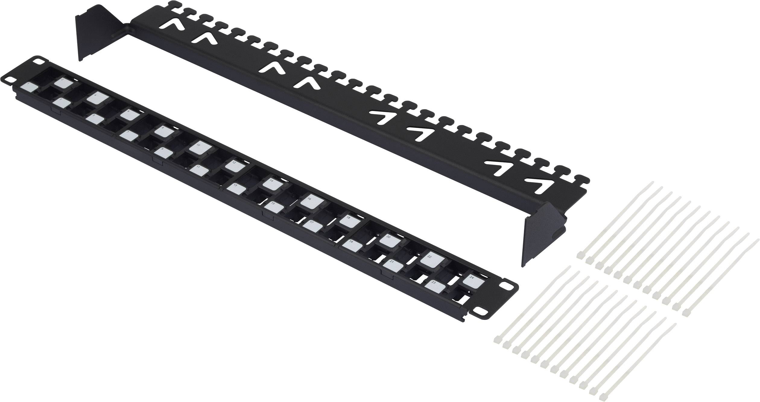 A patch panel with cable management and cable ties. The set consists of a black metal plate with openings and separate cable ties. Suitable for organising network connections.