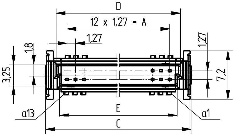 Technical drawing of a cylindrical component with dimensions. Dimensions A: 12 x 1.27, B: 1.27, C: not specified, D: not specified.