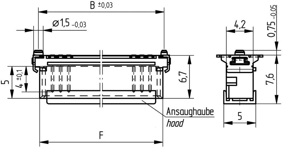 Technical drawing of a component. Shows dimensions, e.g. 6.7 cm height and 0.15 cm width. Labelled with "Intake manifold/hood".