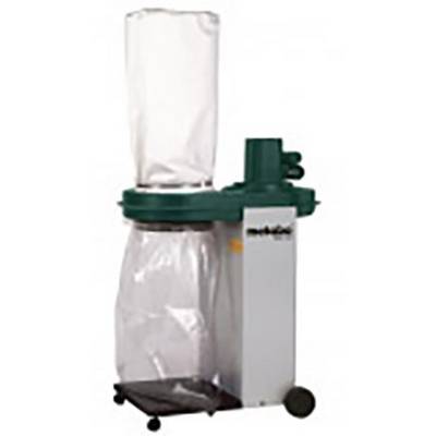 A standing dust extraction system with a green cap and two transparent collection bags, mounted on a mobile frame.