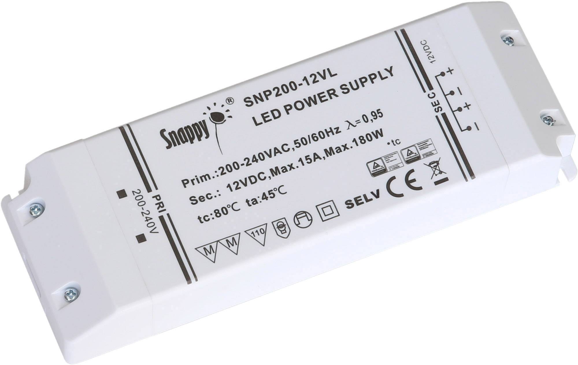'White LED power supply with technical specifications: Primary voltage 200-240VAC, 50/60Hz, output 12VDC, maximum value 15A, 180W.'