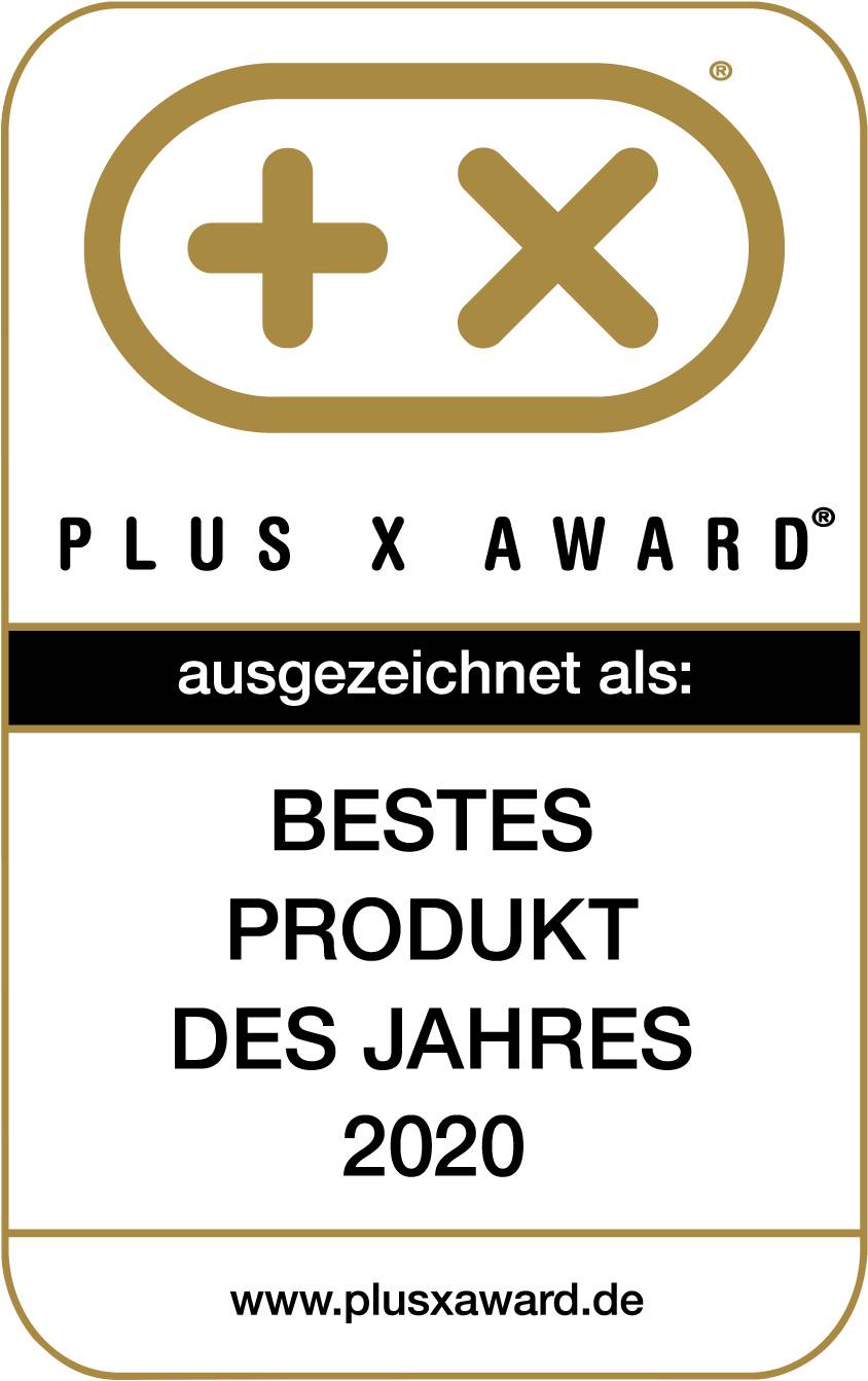 Logo of the Plus X Awards with the text 'Awarded: Best Product of the Year 2020'