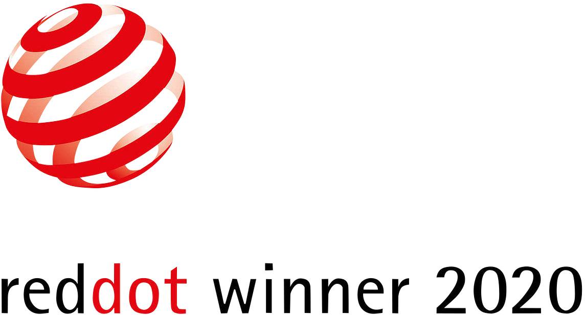 Red and white 3D logo of a curved ball, next to the text 'reddot winner 2020'.