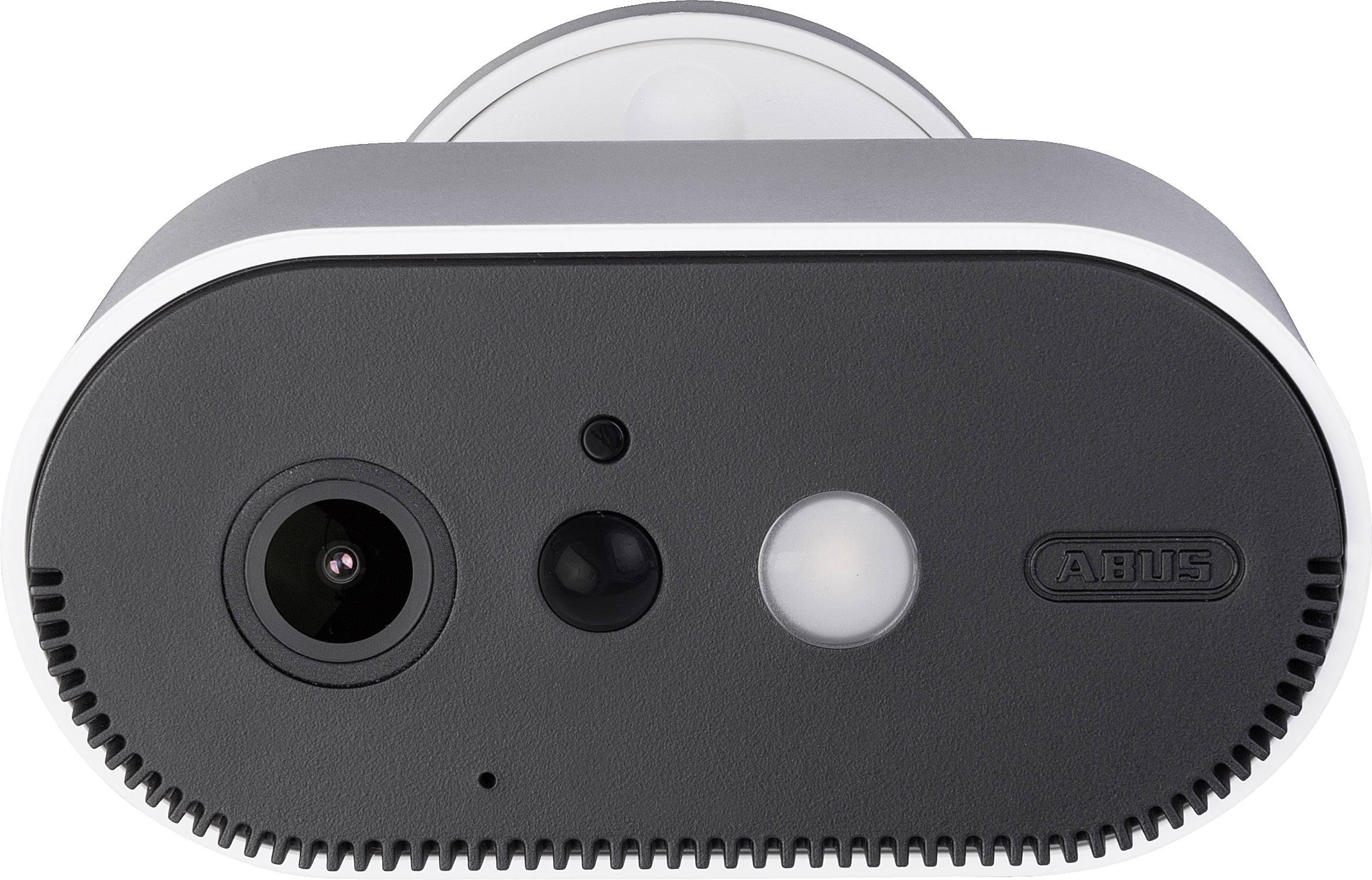 The image depicts a black surveillance camera with lenses, sensor, and LED light, mounted on a white base.