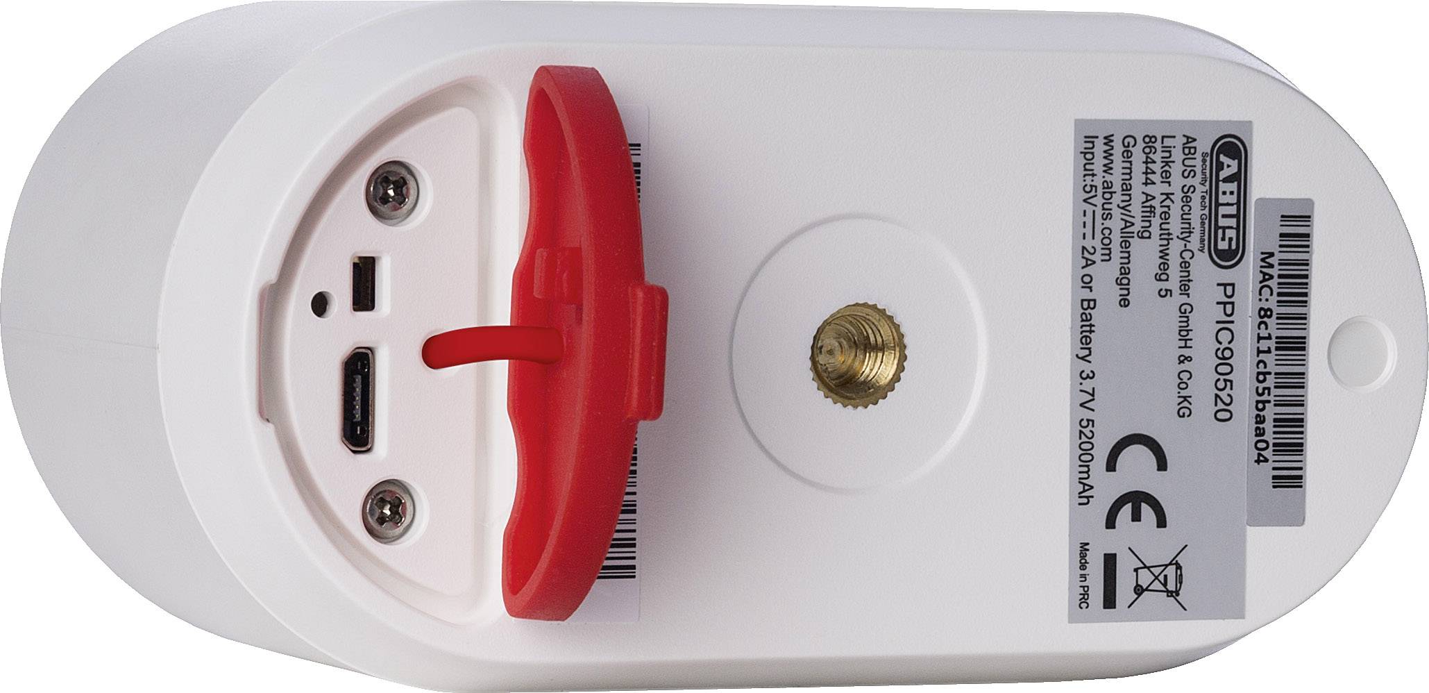 Back of an electronic device with a USB-C port, microSD card slot, and red cover. CE marking visible.