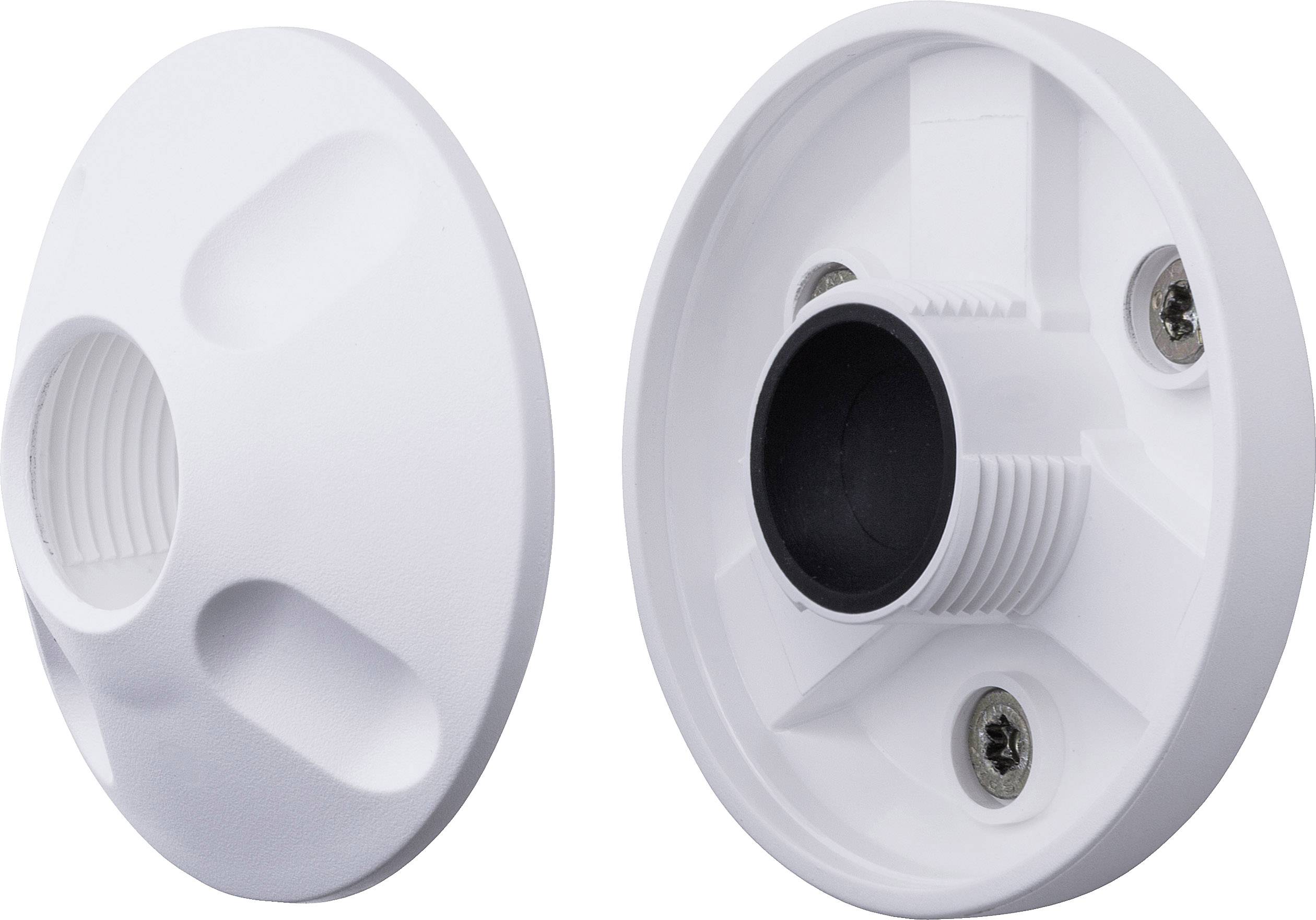 'Two white plastic mountings, each with a central thread and three screw holes, show different views.'