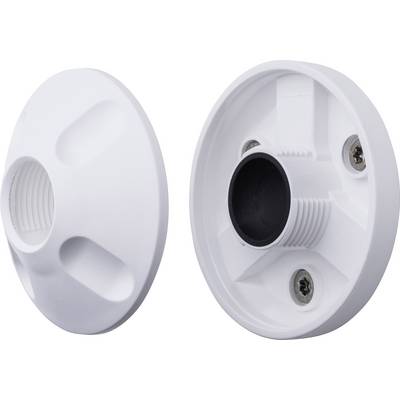 'Two white plastic mountings, each with a central thread and three screw holes, show different views.'