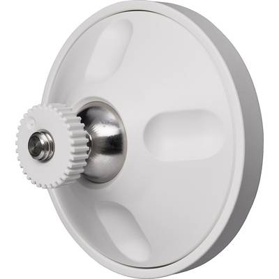 White, round mounting bracket with a metal connection in the centre. Used for attaching devices to smooth surfaces.