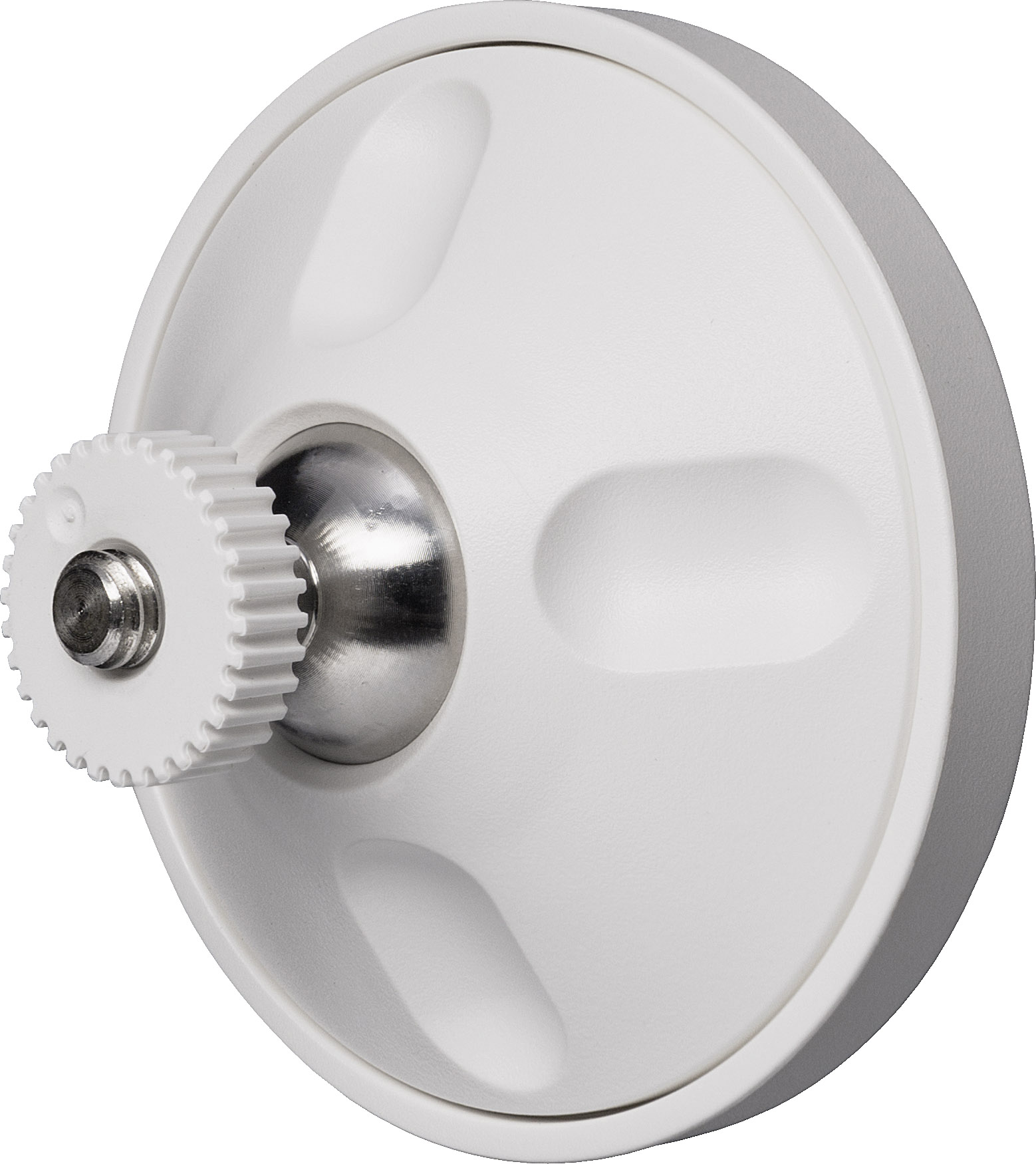 A white, round plastic component with a central metal connection and a toothed wheel shows a technical device.