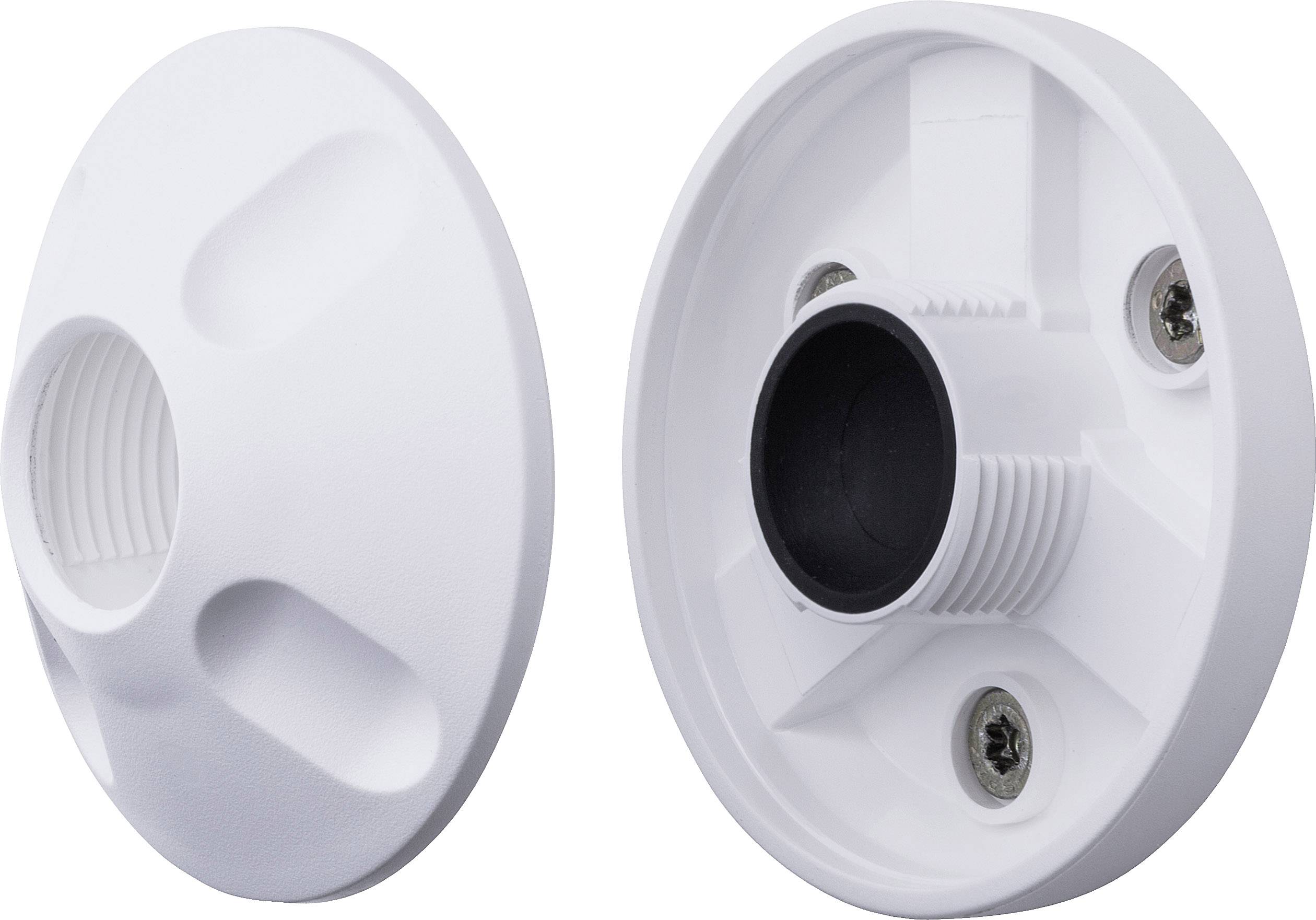 Two white, round plastic plates with openings and screws, possibly mounting components for light or camera installations.