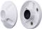 Two white, round plastic plates with openings and screws, possibly mounting components for light or camera installations.
