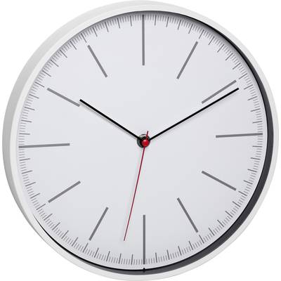An analogue wall clock shows 10:10. The clock has a white background with black and red hands.