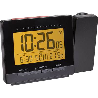 Radio alarm clock with projection display. Shows 10:26 and 21.5°C. Alarm set for 6:30 am. Black casing with yellow display.