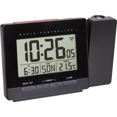 Digital radio-controlled alarm clock with large LCD display showing the time as 10:26, temperature 21.5°C, alarm set for 6:30.