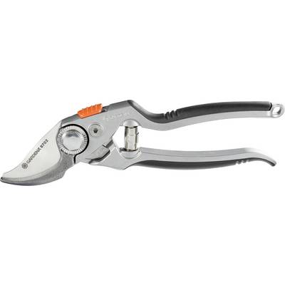 Metal shears with an ergonomic handle, orange locking element, and sharp blade area, suitable for garden cutting.