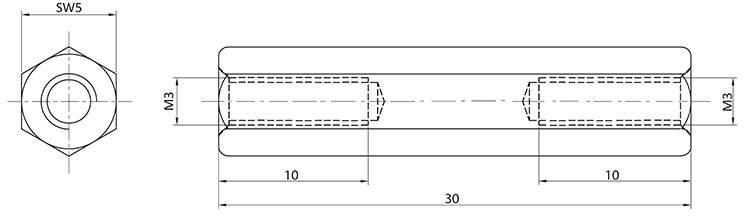 Technical drawing of an M3 sleeve nut: Left shows the top view with SW5 indicated, right shows the side view. Dimensions: 10mm, 30mm length.