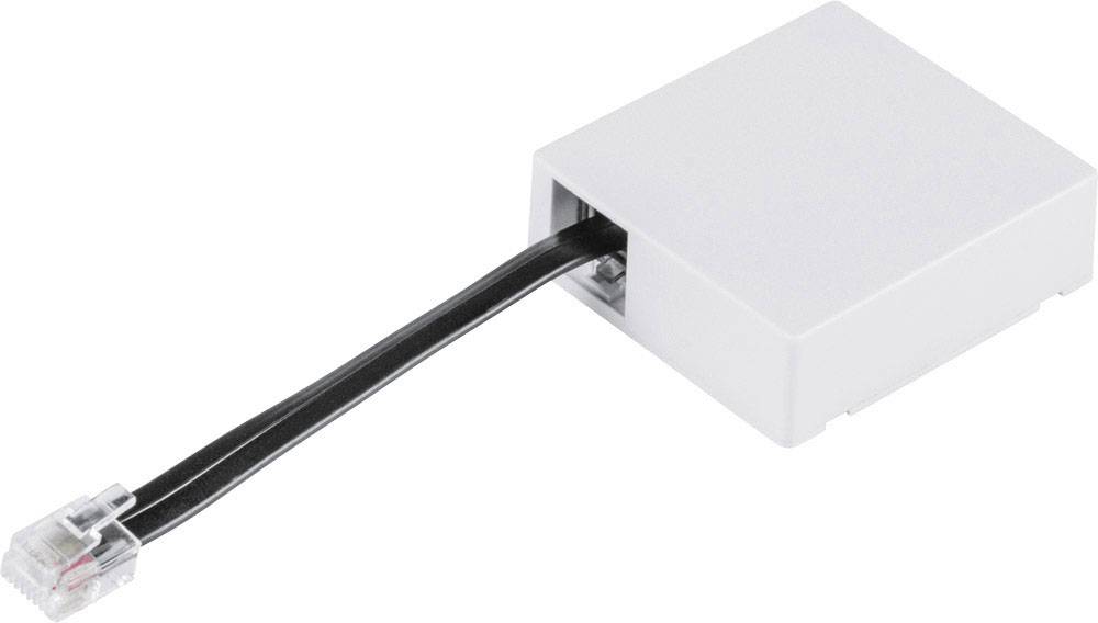 A white adapter with a black cable terminating in a telephone plug. The adapter is rectangular and has a smooth surface.