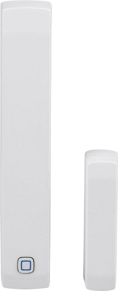 Two white sensor housings, one larger with a blue button, next to a smaller one. Both are part of a security system.