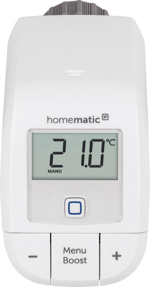 Digital thermostat with LCD display showing '21.0°C'. Menu and boost buttons underneath.
